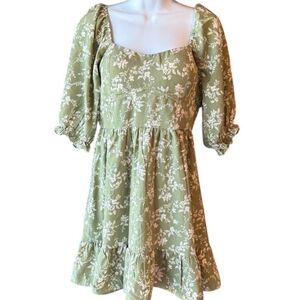 INSPIRED HEARTS NWT Milk Maid Style Square‎ Neck Green Floral Mini Dress Sz Med